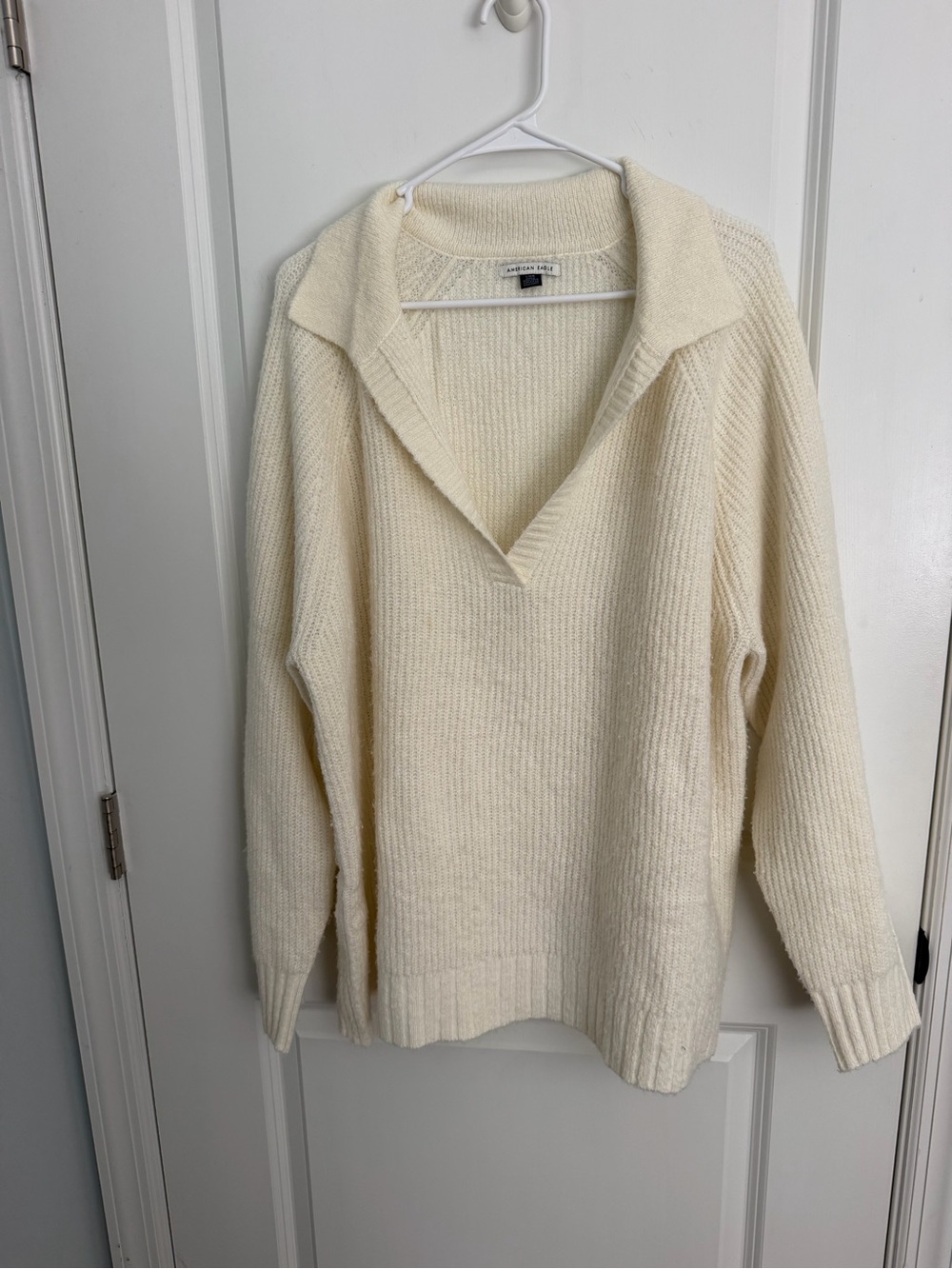 American Eagle Outfitters Cream Open-Collar V-Neck Sweater